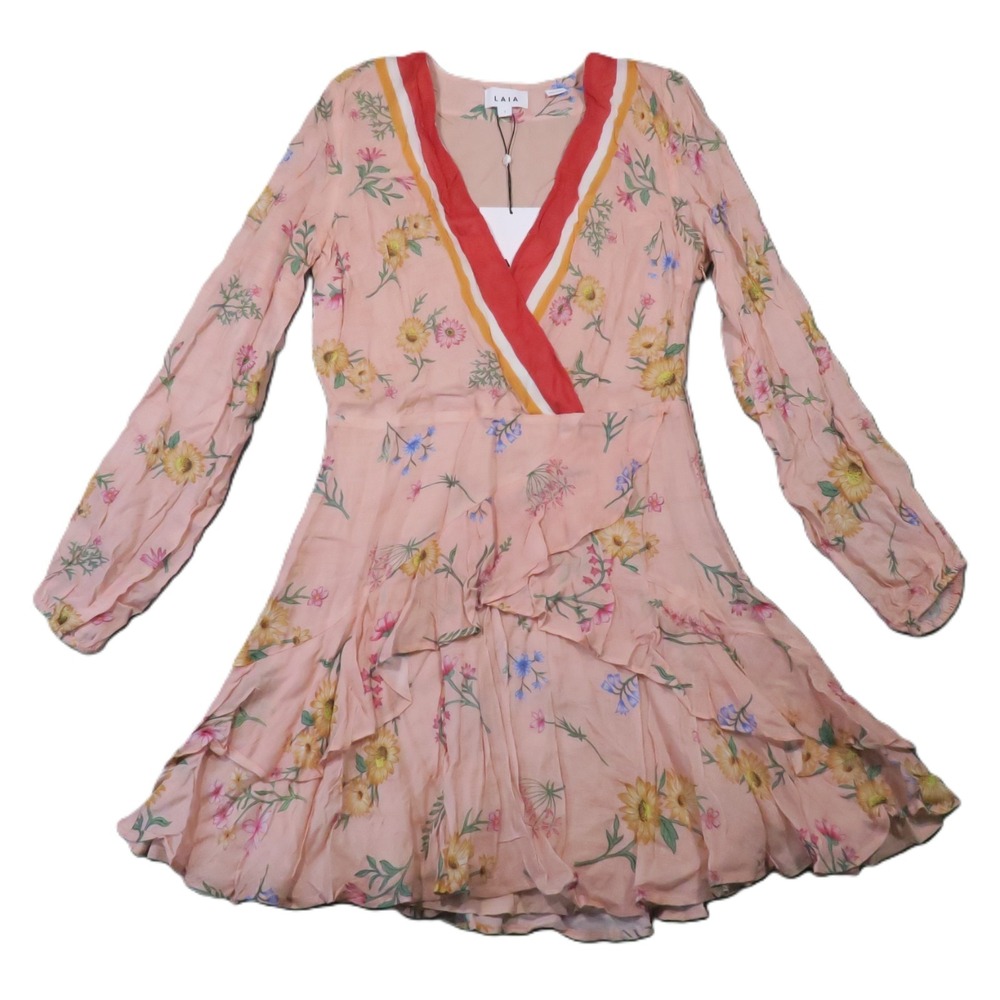 LAIA Floral Mini Dress S Pink Ruffle V-Neck Long Sleeve Cottage Boho Brunch NEW